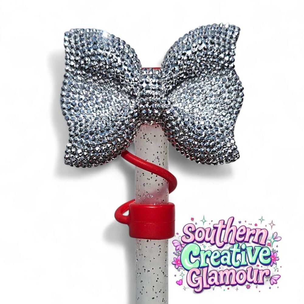 Silver Glitter & Red Bow Straw Topper | Bow Straw Cover - Fits 10mm Straws